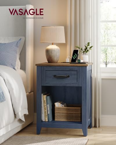 VASAGLE Farmhouse Nightstands with Charging Station, 1 Drawer, Set of 2