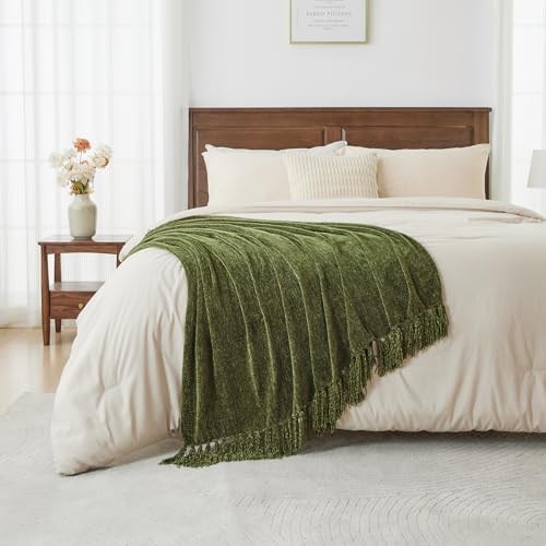 CozeCube Chenille Throw Blanket, Olive Green Fringe Blanket, 50"X60"