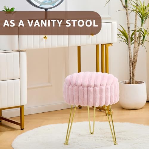 Wimarsbon Vanity Stool with Storage, Faux Fur Ottoman Chair with Metal Legs
