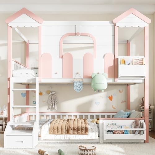 Full Over Full Size House-Shaped Wooden Bunk Bed Frame, White