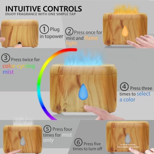 Flame Diffuser for Essential Oils, 200ml Ultrasonic Aroma Diffusers with Cool Mist, Aromatherapy Diffuser with Auto-Off Protection (Wooden Grain(7 Colors), Peppermint+Lavender+Tea Tree+Lemon)