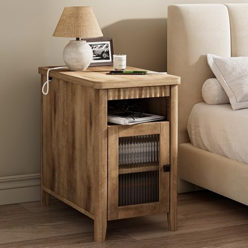 iPormis End Table with Charging, Narrow Side Table for Living Room, Brown