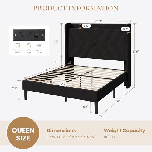 SHA CERLIN Queen Bed Frame, Velvet Upholstered Platform Bed Frame with Wingback Storage Headboard & Charging Station, Geometric Tufted Design, No Box Spring Needed, Easy Assembly, Black