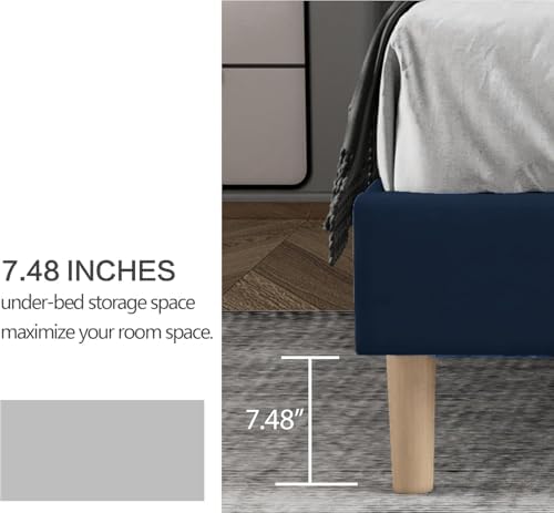Twin Size Bed Frame with Velvet Upholstered Headboard, Blue