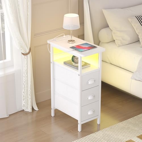 shtmec Narrow End Table Set of 2 with Charging Station, LED Side Tables Set 2 with Fabric Drawers, Small Bedside Tables Nightstands for Small Space, Slim Sofa Couch Table for Livingroom, White