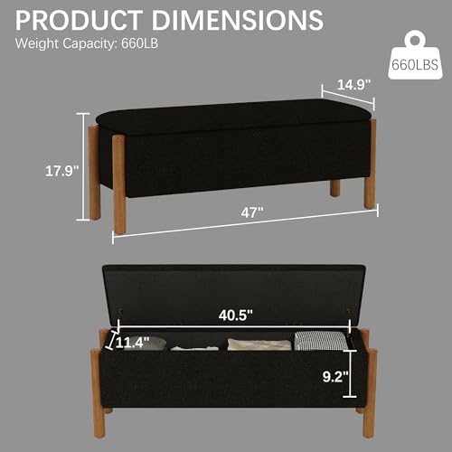 Modern Storage Benches with Walnut Wood Legs, 47'' Ottoman Bench with 20 Gallons Storage Space for Bedroom End of Bed, Fabric Upholstered Entryway Bench with Seating for Livingroom, Black
