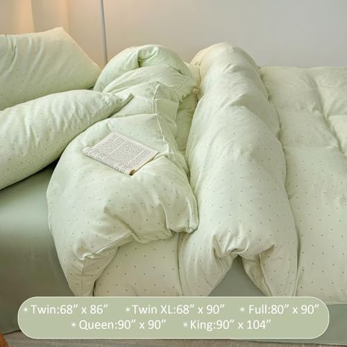 Cotton Muslin Duvet Cover Twin XL 3 Pcs, Green Polka Dot,68"×90"