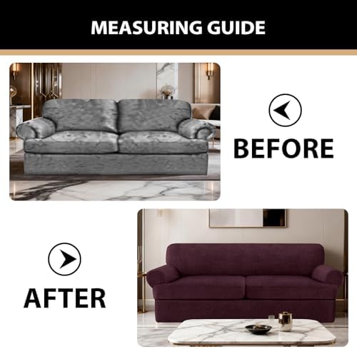 3 Pieces Sofa Covers fot T Cushion Loveseat Slipcover, Sofa Stretch Slip Covers for 2 Cushion Couch with 2 Individual T Shape Seat Covers (Burgundy, 2 Cushion)