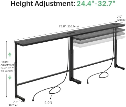 Kitstorack Narrow Sofa Table with Charging Station, 78.8" Behind Couch Table, Adjustable 24.4"-32.7" Height, Modular 2-piece Design for sectionals, entryways, Apartments, and Narrow Living Spaces