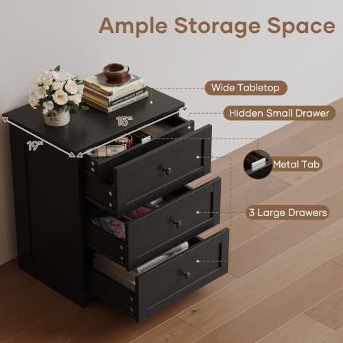 wanan Nightstand Set of 2 with Hidden Drawer, Black