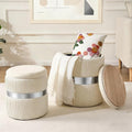 Round Ottoman with Storage, White Velvet, Set of 2