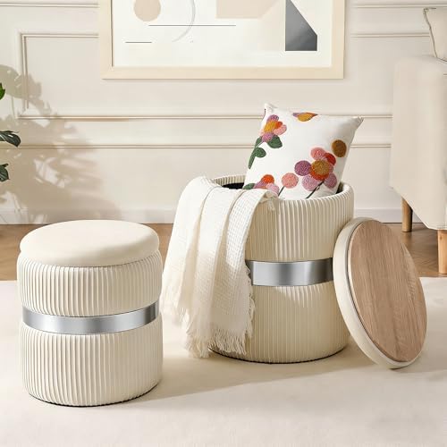 Round Ottoman with Storage, White Velvet, Set of 2