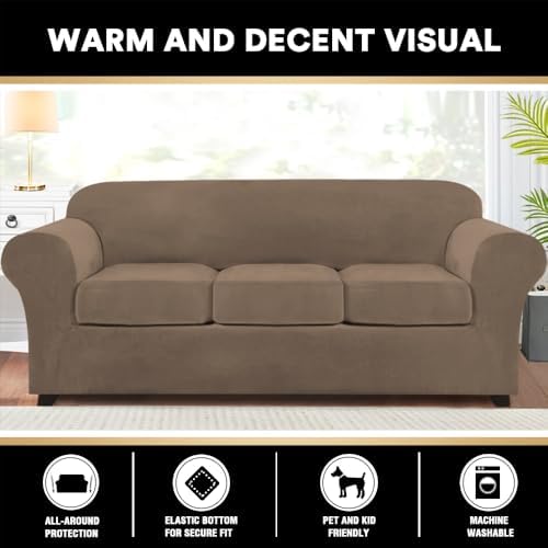 PrinceDeco Velvet Couch Covers for Sofa Soft 4 Pieces Couch Covers for 3 Cushion Couch Sofa Pet Friendly Furniture Protector with Non Slip Elastic Bottom Width Up to 90 Inch (Large, Mocha)