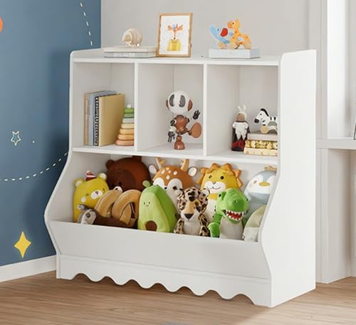 Wood Kid Storage Cubby, Toy Storage Organizer with Bookshelf, 32" L x 15" D x 31" H Montessori Toy Shelf, Nursery Book Shelves, Wooden 4-Cubby Children Book Shelf for Playroom Classroom