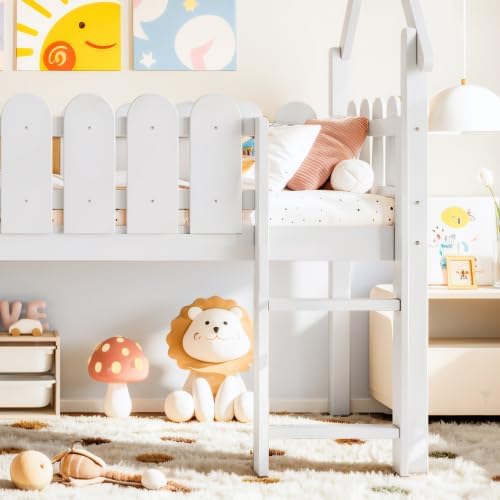 Bellemave Low Loft Bed Twin with Slide and Lights Strip for Kids, White