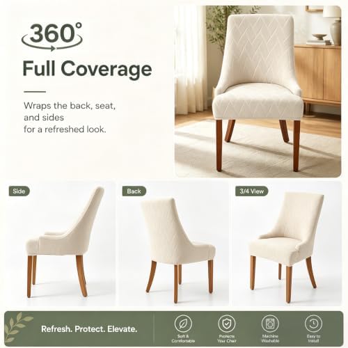 MIFXIN Wingback Side Chair Covers Dining Chair Slipcover Jacquard Stretch Sloping Armchair Protector Arm Chair Seat Cover for Dining Room Living Room Banquet Home Decor (Beige, 2 Pcs)