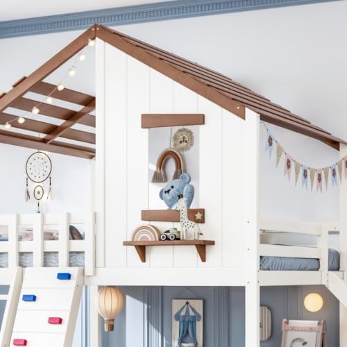 Full Size House Bunk Bed with Convertible Slide & Ladder, Beige