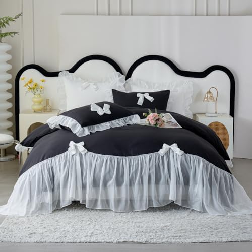 IHOUSTRIY Black Halloween Duvet Cover Full Size, Ruffle Beddding Set with Bowtie, 3 Pieces Comforter Cover Set with Zipper Closure, Girl Princess Bedding with Pillowcase - Black, Full