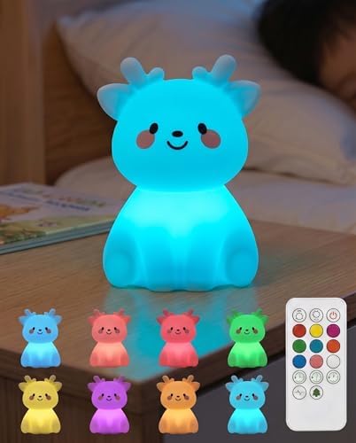 Deer Night Light for Kids, Squishy Dimmable Lamp with Remote & Touch, 15/30/60m Timer 8-Color Nursery Nightlight, Rechargeable BPA-Free Breastfeeding Room Decor Gifts for Girls Boys