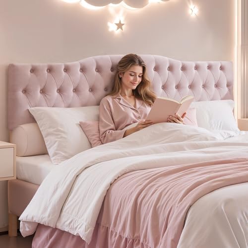Iroomy Upholstered Queen Headboard, Button Diamond Tufted Headboard with Adjustable Height and Solid Wood Leg, Velvet Padded Headboards for Queen Size Bed, Modern Head Board, Pink