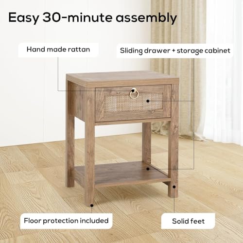 VOWNER Rattan Nightstands Set of 2 - Farmhouse Bedside Table Night Stand with Drawer and Storage Shelf, Boho End Side Table for Bedroom, Mesitas De Noche para Dormitorio, Dark Oak