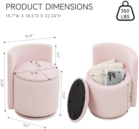 MINCETA Vanity Chair with Storage, 360° Swivel Accent Chair, Pink