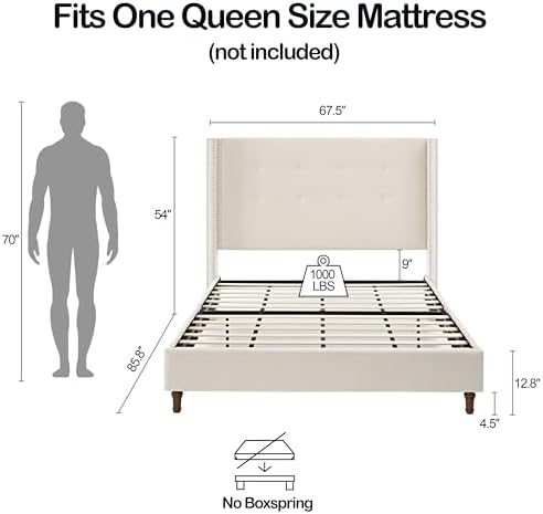 Queen Upholstered Bed Frame with 54" Wingback Tall Headboard Ivory Velvet
