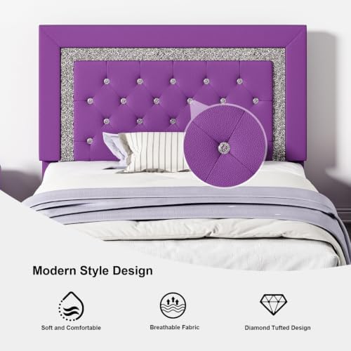 Twin Bed Frame,Faux Leather Upholstered Bed with Diamond Headboard