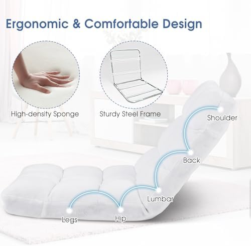 S AFSTAR Cushioned Floor Chair, 14-Position Adjustable Padded Lazy Recliner with Comfortable Back Support and Skin-Friendly Cover, Great for Reading, Playing Game, Meditating (White)