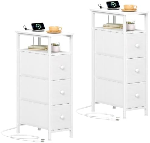 Somdot Narrow End Table Set of 2, Charging Station, Side Table, 3 Drawers