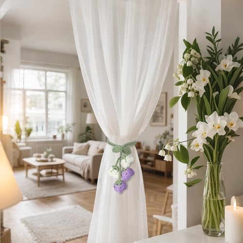 Flower Curtain Tiebacks, 4pcs Lily-of-The-Valley Curtains Holdbacks, Cute Curtain Holdbacks - No Drill Rope Holder, Drape Knitting Handmade for Nursery&Children's Room Decor (Purple/White)