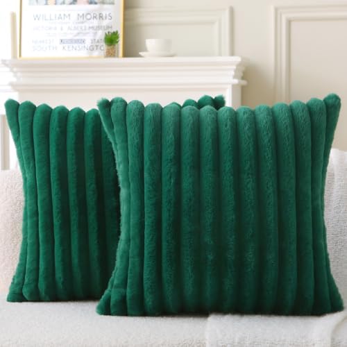 Decorative Throw Pillow with Inserts, Set of 2 Soft Faux Fur Throw Pillows, Square Boho Striped Pillow for Couch, Bed, Sofa Decor