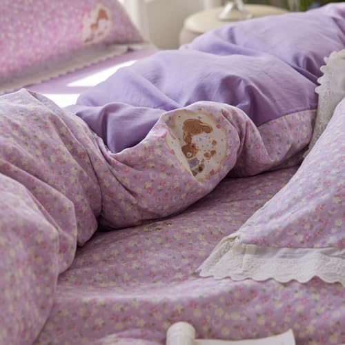 HighBuy Purple Floral Muslin Duvet Cover Twin XL,Ruffle Lace Vintage Floral Bedding Set for Girl College,Gauze Yarn-Dyed Cotton Comforter Cover with Zipper,Breathable,3 Piece,All Season