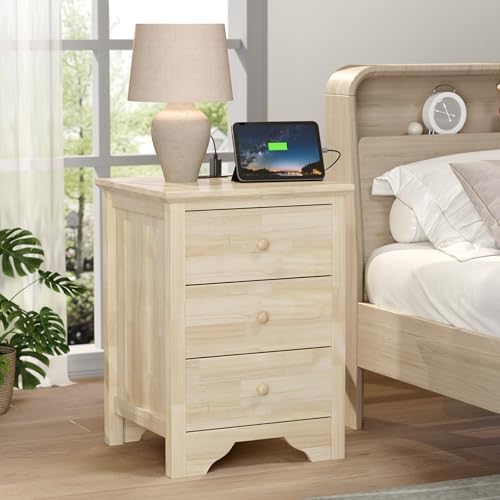 VINGLI Unfinished Solid Wood Nightstand for Color DIY, 18.54" W Nightstand with Charging Station, Nightstand with Drawers, Natural Wood Nightstands/Bed Side Table/End Table, Night Stand for Bedroom