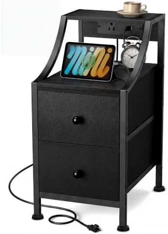 Lazzanto Narrow Nightstand with Charging Station for Bedroom, Black