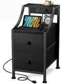 Lazzanto Narrow Nightstand with Charging Station for Bedroom, Black
