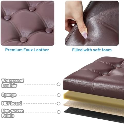 Bsketa Storage Ottoman Bench, 16" Folding Leather Foot Rest, Brown 2 Pack