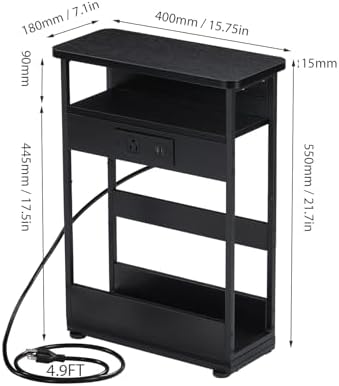 Narrow Side Table with Charging Station Small Spaces Narrow End Table