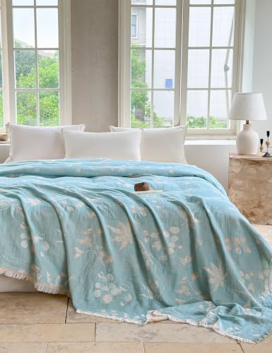 FALUCA Muslin Cotton Throw Blanket Boho Floral Jacquard with Fringe, 90 * 90 Foliage Pattern, Reversible Soft Breathable Cover for Couch Sofa Bedroom Vintage Farmhouse Home Decorative, Beige&Blue