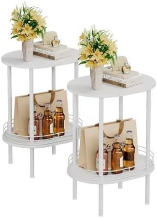 White Oval Nightstand Set of 2, Small Modern Round Side Table with Storage