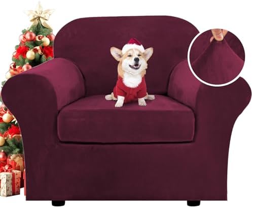 H.VERSAILTEX Rich Velvet Stretch 2 Piece Cover Chair Slipcover Sofa Cover Furniture Protector Couch Soft with Elastic Bottom Chair Couch Cover with Arms Width Up to 49 Inch(Chair, Burgundy)