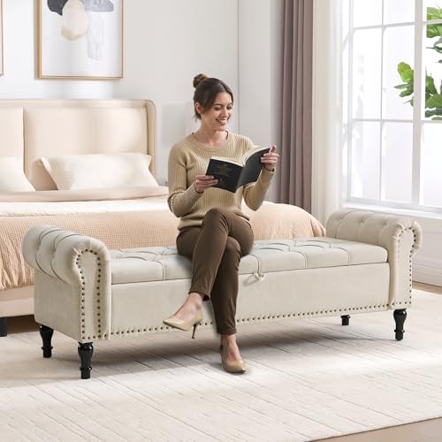 Storage Bed Bench for Bedroom, Chenille 67" End of Bed King Size Benches with Armrest, Tufted Button Upholstered Ottoman Bench for Living Room, Entryway, Camel