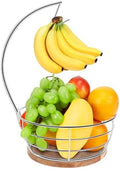 Livabber Countertop Fruit Basket Bowl with Banana Hanger, Modern Standing Fruit Vegetable Bowl Storage, with Banana Tree Holder for Kitchen Dinning Table (Round Wood, Chrome)