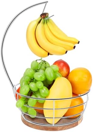 Livabber Countertop Fruit Basket Bowl with Banana Hanger, Modern Standing Fruit Vegetable Bowl Storage, with Banana Tree Holder for Kitchen Dinning Table (Round Wood, Chrome)