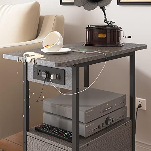LIDYUK End Table with Charging Station, Narrow Side Table with Drawer