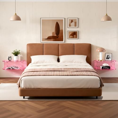 Acrylic Floating Nightstand, Wall Mounted Bedside Table (Pink, 15.7”×9.4“×5.9”)