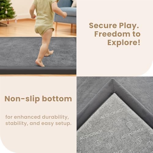ACOMOPACK Baby Play Mat for Floor 1.3" Thick Memory Foam Play Mat 79"×158" Tummy Time Crawling with Non-slip Bottom for Living Room,Nursery,Soft Velvet Playpen Mats for Kids,Infants（Dark Grey）