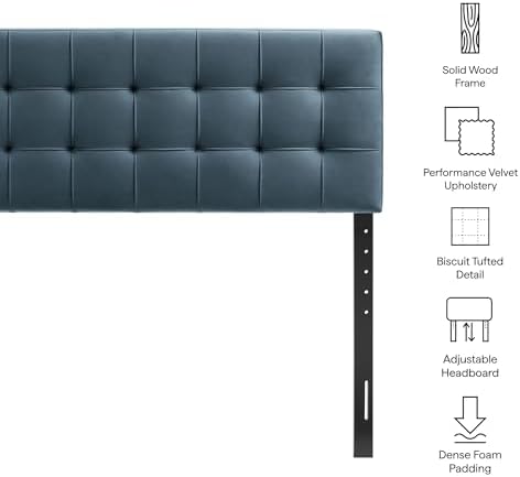 Modway Lily Performance Velvet King Size Headboard with Biscuit Tufting in Cadet Blue - Stain-Resistant Upholstery with Padded Design and 5 Height-Adjustable Mounts