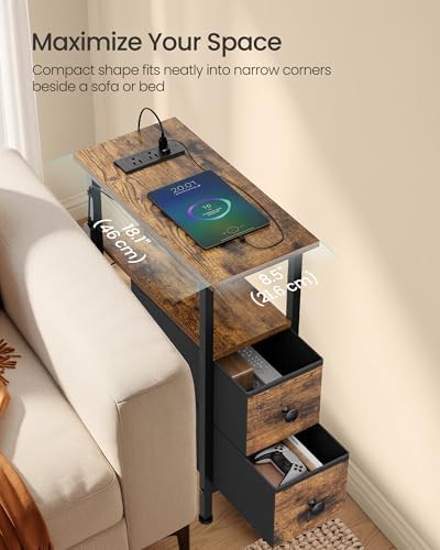 SONGMICS Side Table with LED Light, Narrow End Table with 2 Fabric Drawers