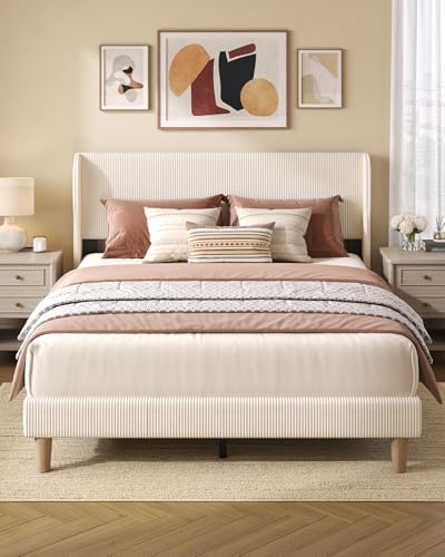 Bestier Queen Bed Frame with Wingback Headboard,Upholstered,Beige